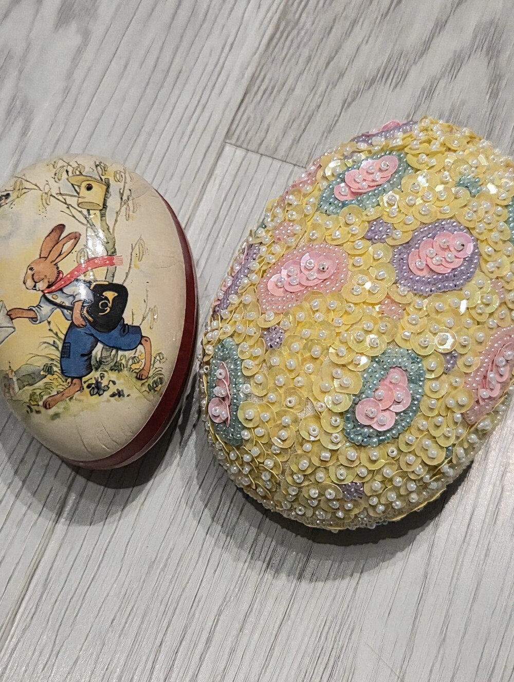 Beaded Yellow Easter Egg Trinket Box,Mache Vintage Easter Egg